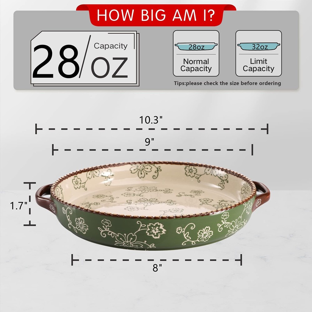 AVLA 2-Pack 9" Ceramic Pie Pans, Round Baking Dish w/Handle, 28 oz