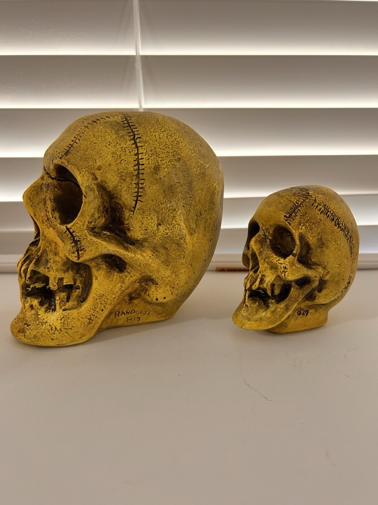 2 EA.RANDOTTI ORIGINAL FLUORESCENT YELLOW LARGE & MEDIUM SKULLS STILL GLOW