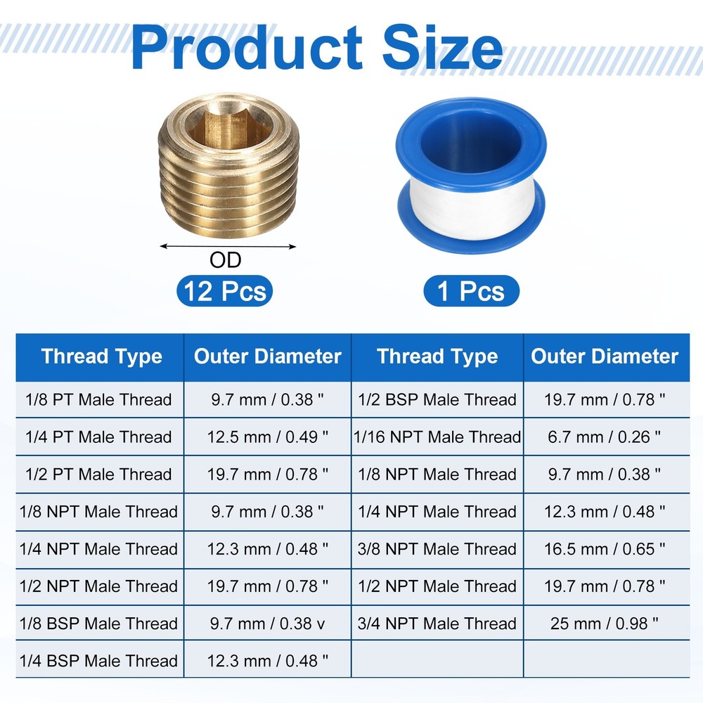 12Pcs 1/8 NPT Brass Pipe Plug Fitting, Male Thread Internal Hex Socket Pipe Cap