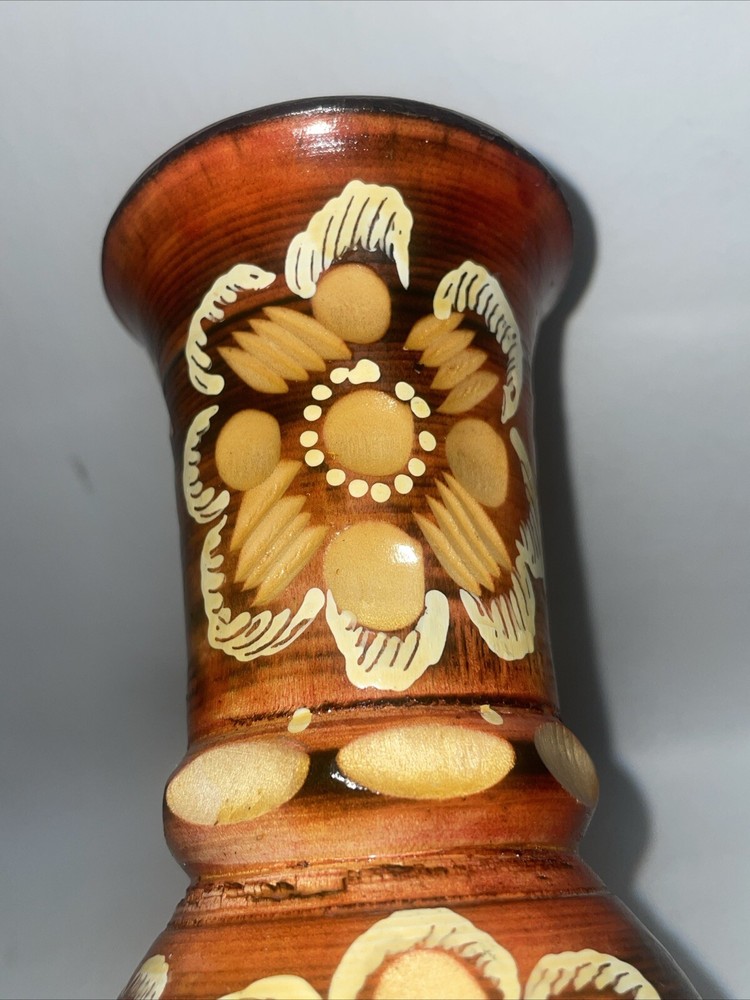 Solid Wood Hand Turned Incised Floral Design Vase 7.5”