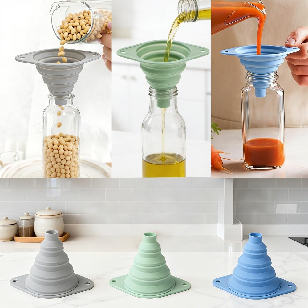 Kitchen Funnel Set 3 Pack, Collapsible Silicone Funnel for Kitchen Use, Small Fu