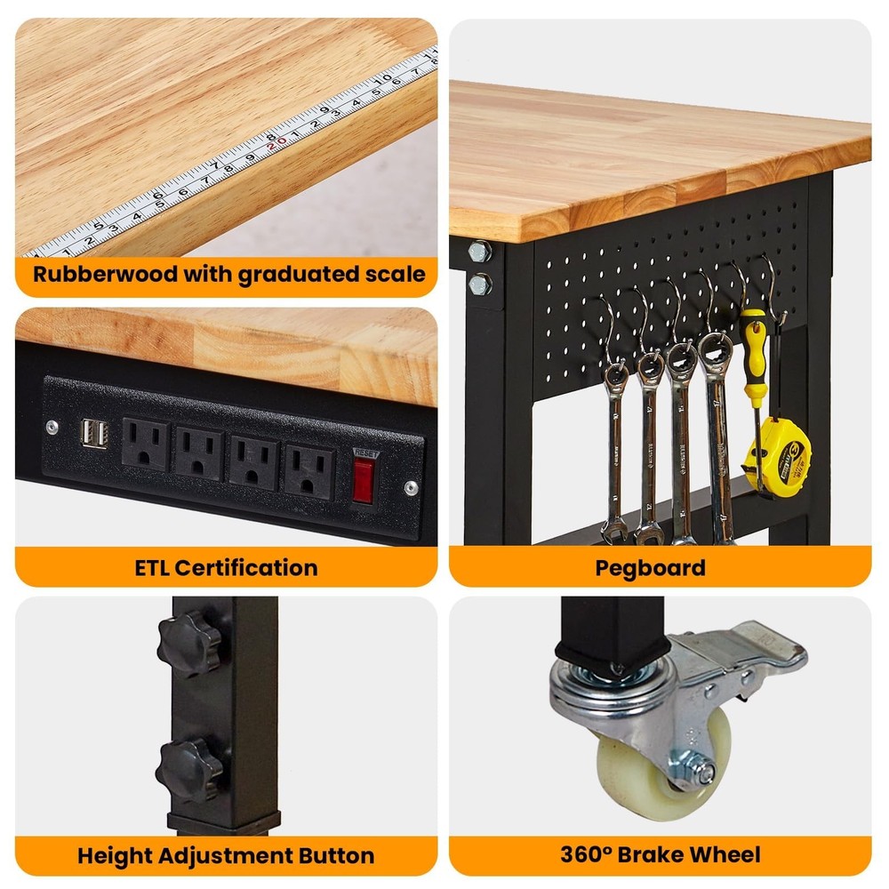 70" Adjustable Workbench 2000Lbs Load Work Bench with Pegboard & Power Outlets