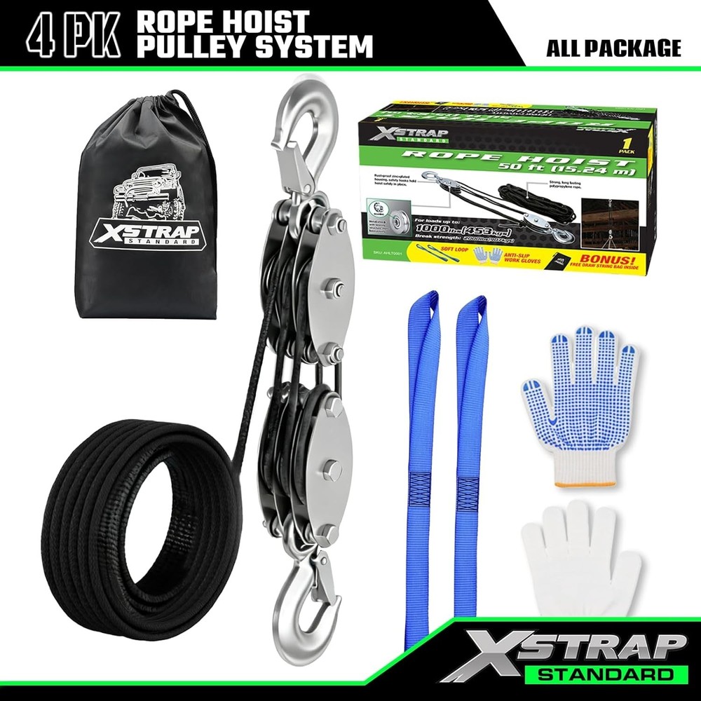 Efficient 50 FT Block & Tackle Pulley System with Soft Loops - 2000 LB Strength
