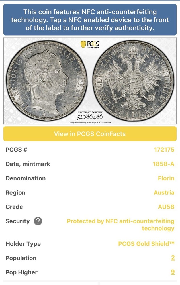 1858 A Austria Flirin PCGS AU 58 Luster