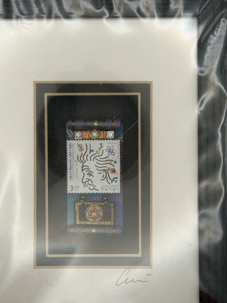 Michael Cukier Signed Original Mixed Media Assemblage Einstein Stamp 8x6 Framed