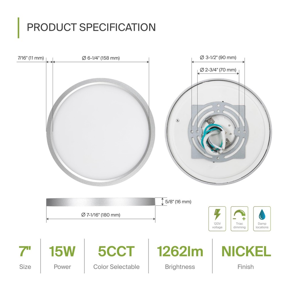 7" Round Flush Mount Ceiling Light Fixture, Low Profile Surface Lighting | 5C...