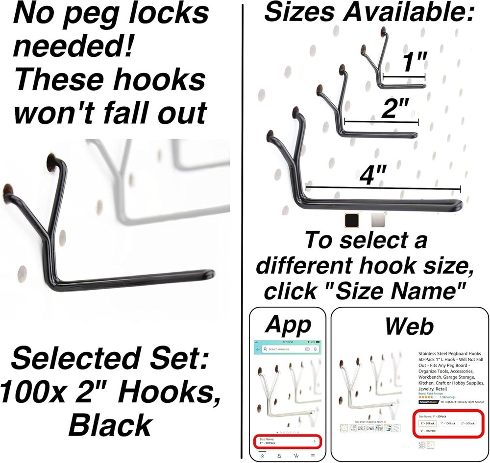 Heavy Duty Steel Pegboard Hooks 100-Pack - Black