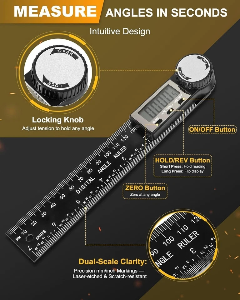 Protractor, Digital Angle Finder Protractor with LCD Display, 2-in-1 360° Angle