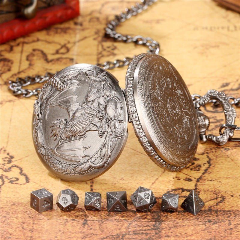 7pcs Mini Solid Metal DND Dice Set in Pocket Watch Case for Dungeons & Dragons