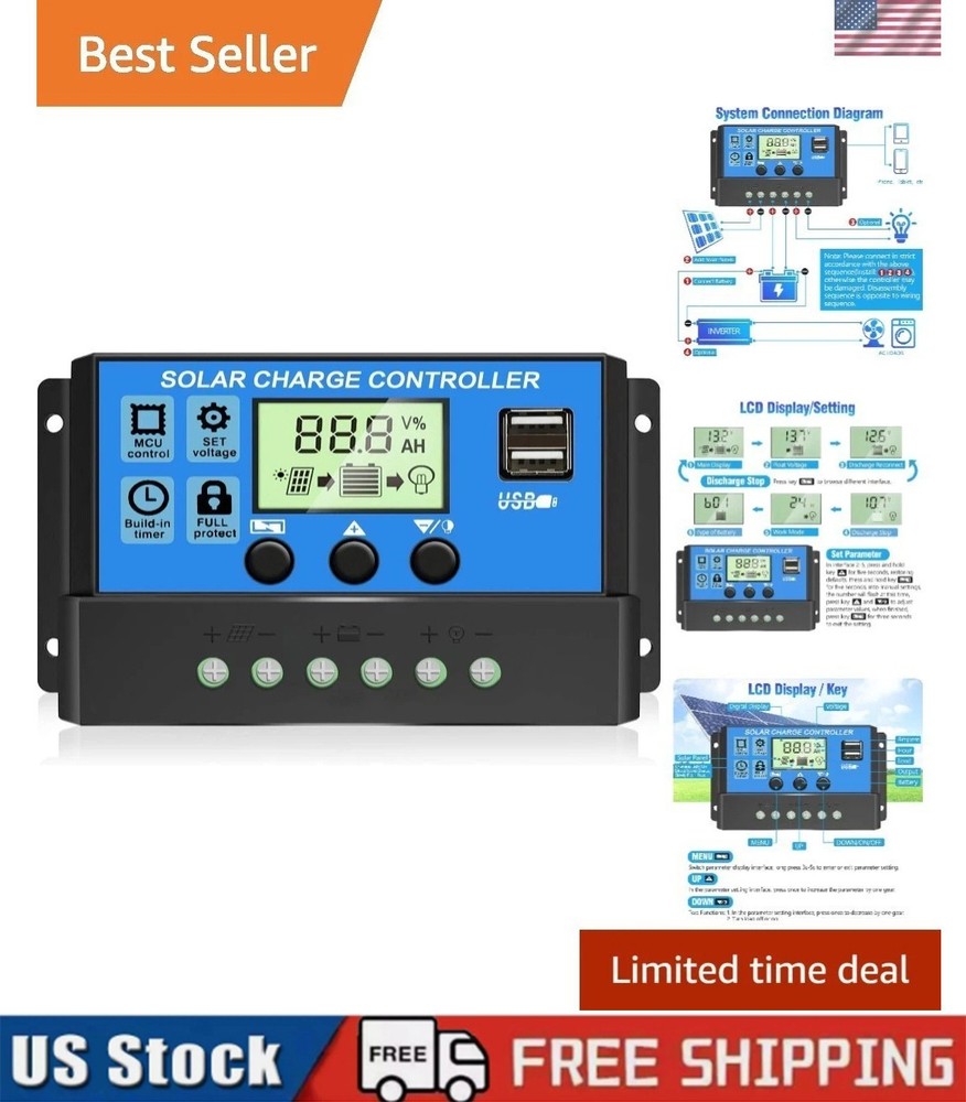 20A Solar Panel Battery Charge Controller 12V/24V LCD Regulator Auto Dual