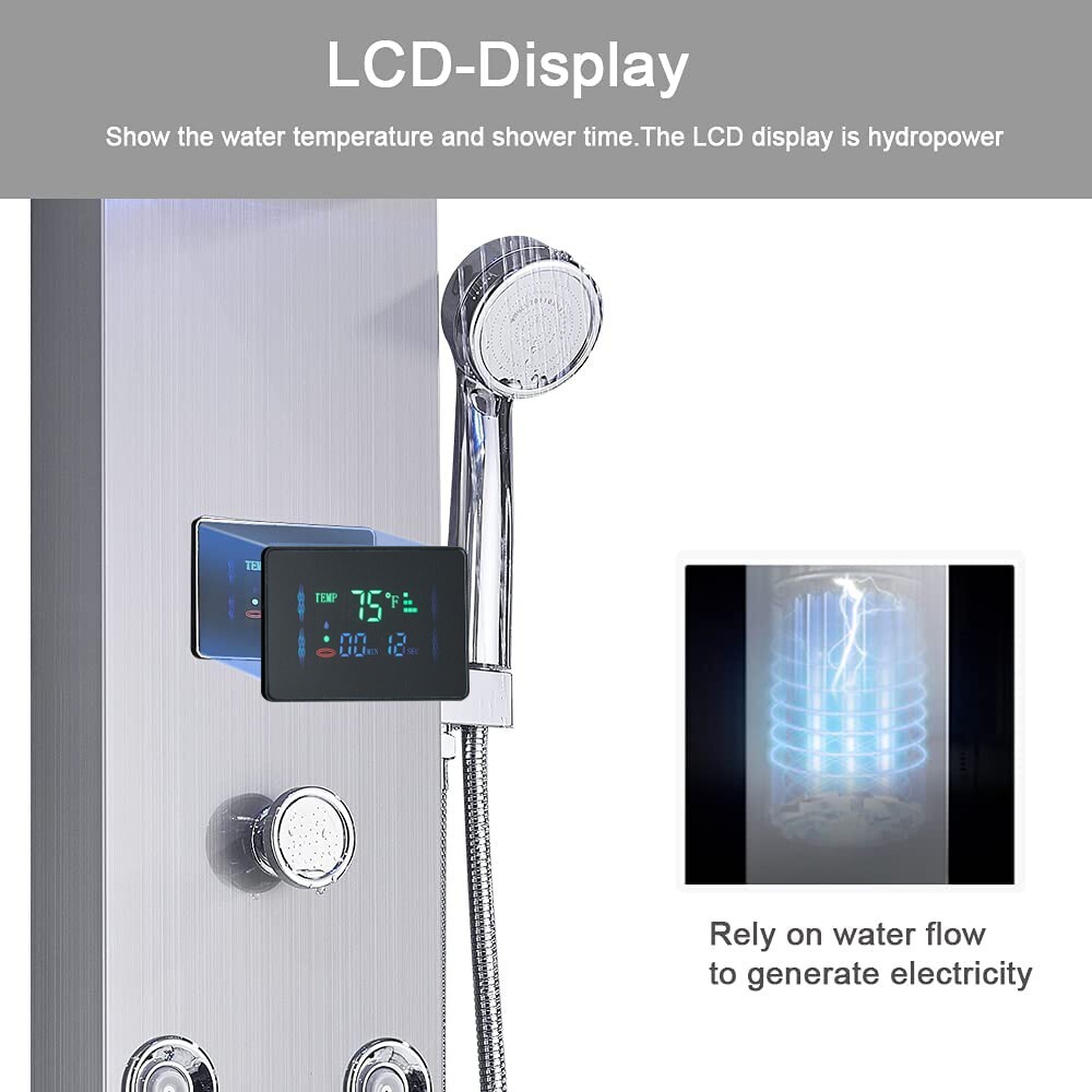 Rain Shower Panel Tower System Stainless Steel 6-Function Faucet LED Shower Head