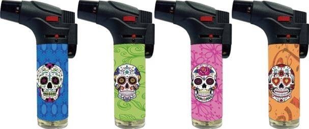 12 Pack Jumbo 4" Single Jet Flame Torch Gun Lighter Refillable Lockable C Skull