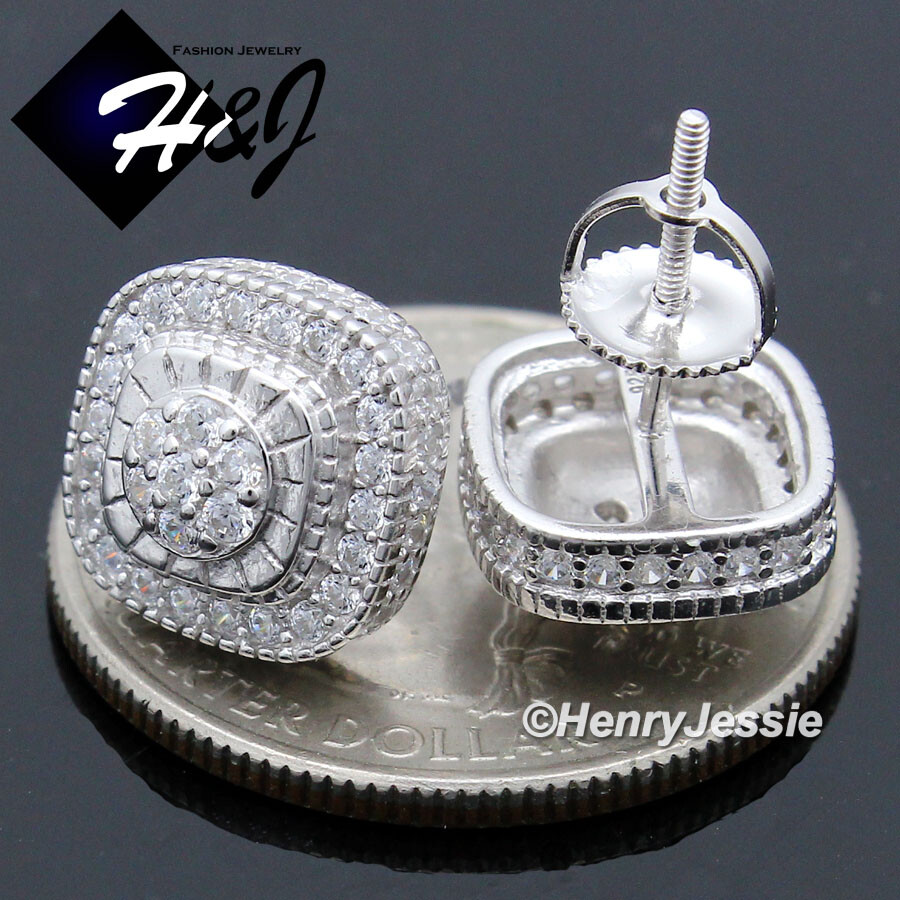 MEN SOLID 925 STERLING SILVER ICY BLING CZ 11MM 3D SQUARE STUD EARRING*E216