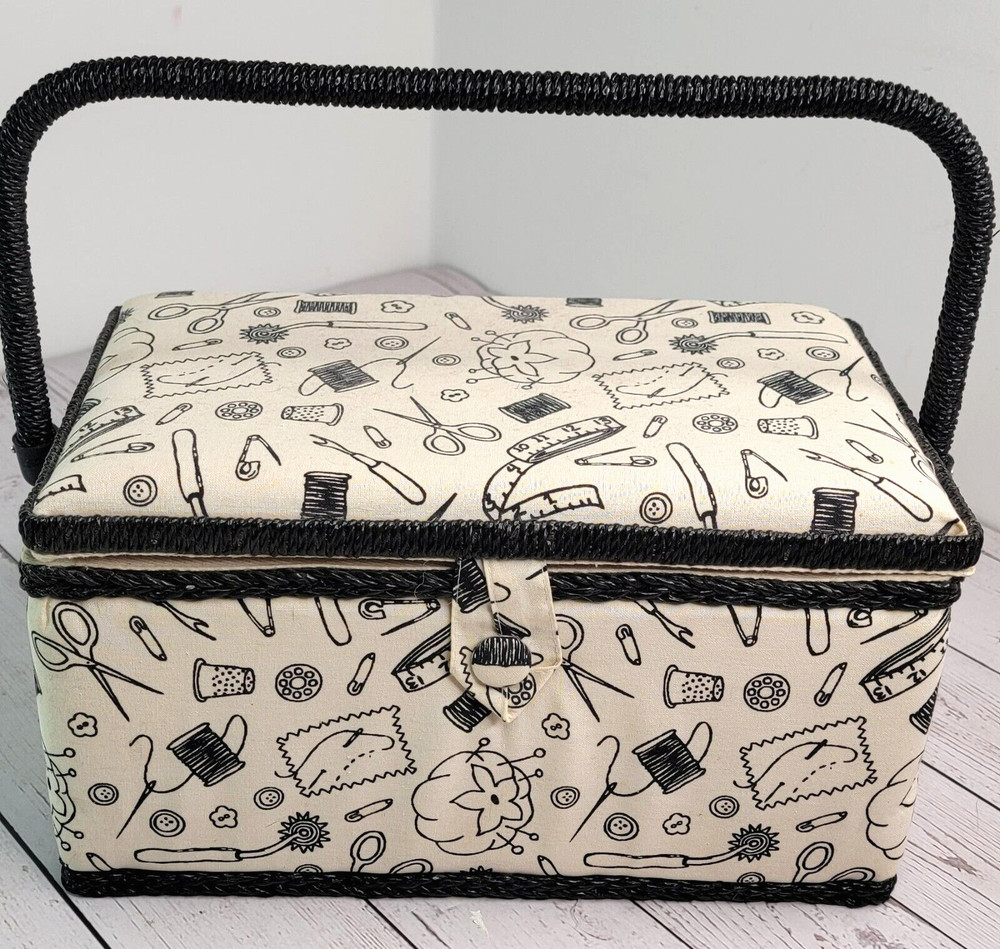 Sewing Basket Loaded Thread Scissors Box of Buttons One Tray Thread Pullers READ