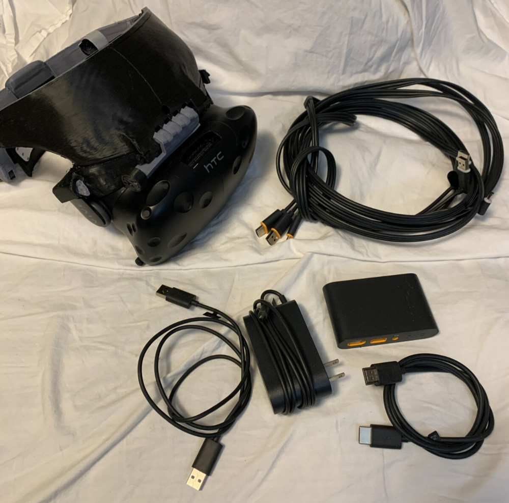 HTC Vive Virtual Reality Headset with reVolve headstrap, link box, CABLES