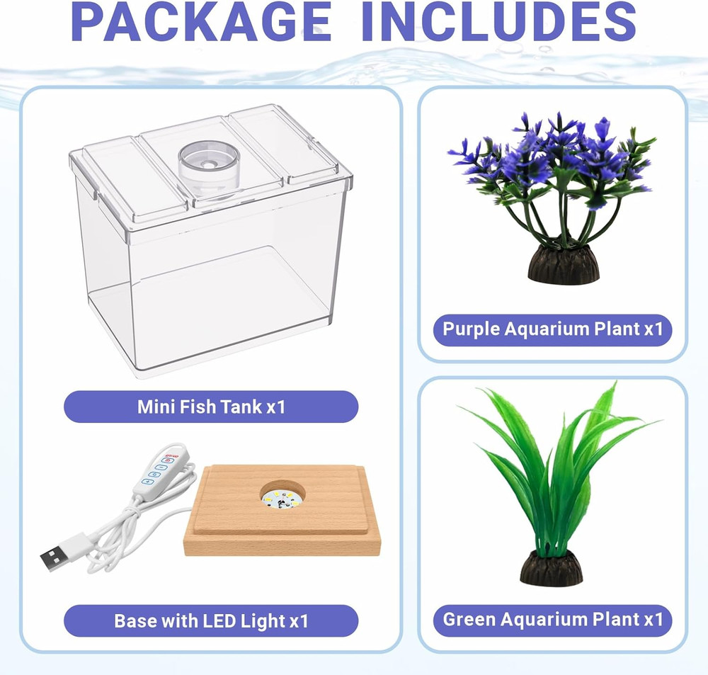 Mini Betta Fish Tank Kit with LED Light Base, Small Fish Bowl for Temporary Spac