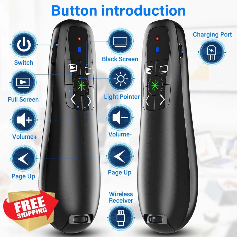 Presentation Clicker Rechargeable Wireless USB C/A Green Light PowerPoint Remote