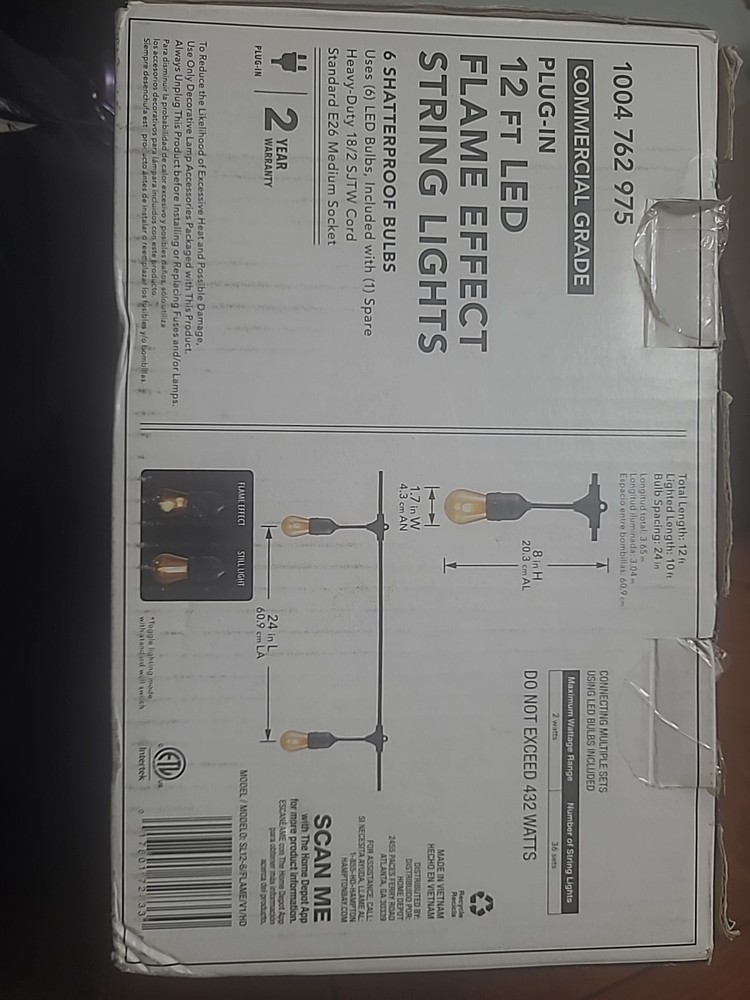 Hampton Bay FLAME EFFECT or SOLID 6-Light 12 ft. LED S14 String Lights A1