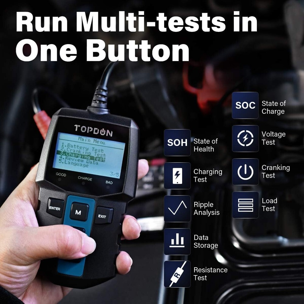 TOPDON BT100 12V Car Battery Tester Load & Charging System Analyzer 100-2000 CCA
