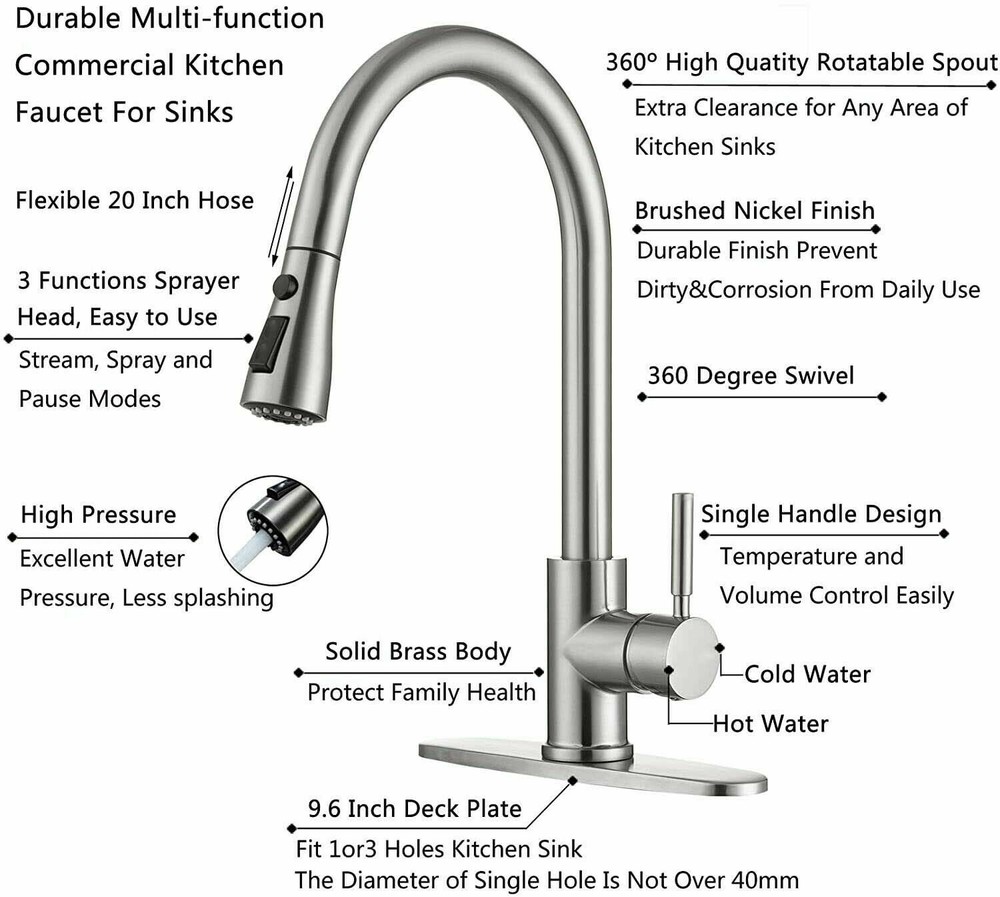 WEWE Brushed Nickel Kitchen Sink Faucet Sprayer Pull Down Single Hole Mixer Taps