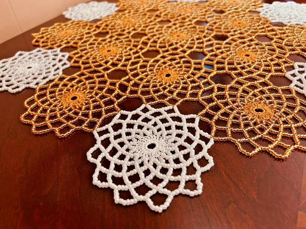 HANDMADE GOLD & WHITE CROCHET BEADED DOILY 19"