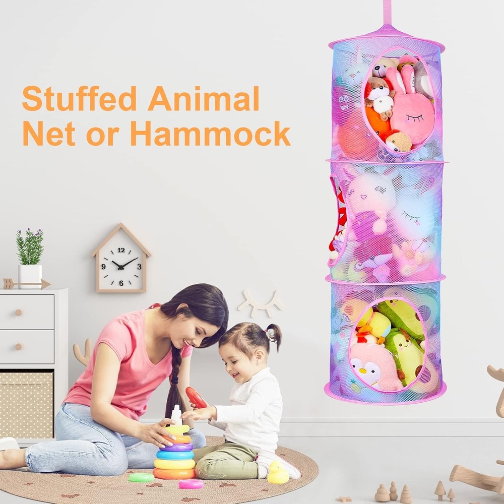 2 Pack Stuffed Animal Storage Mesh Foldable Organizer Net with 3 Compartments