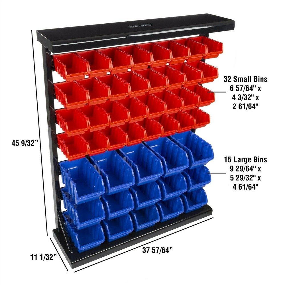 Large Garage Tool Work Shed Storage Rack Floor Stand 47 Removable Bins Sorting