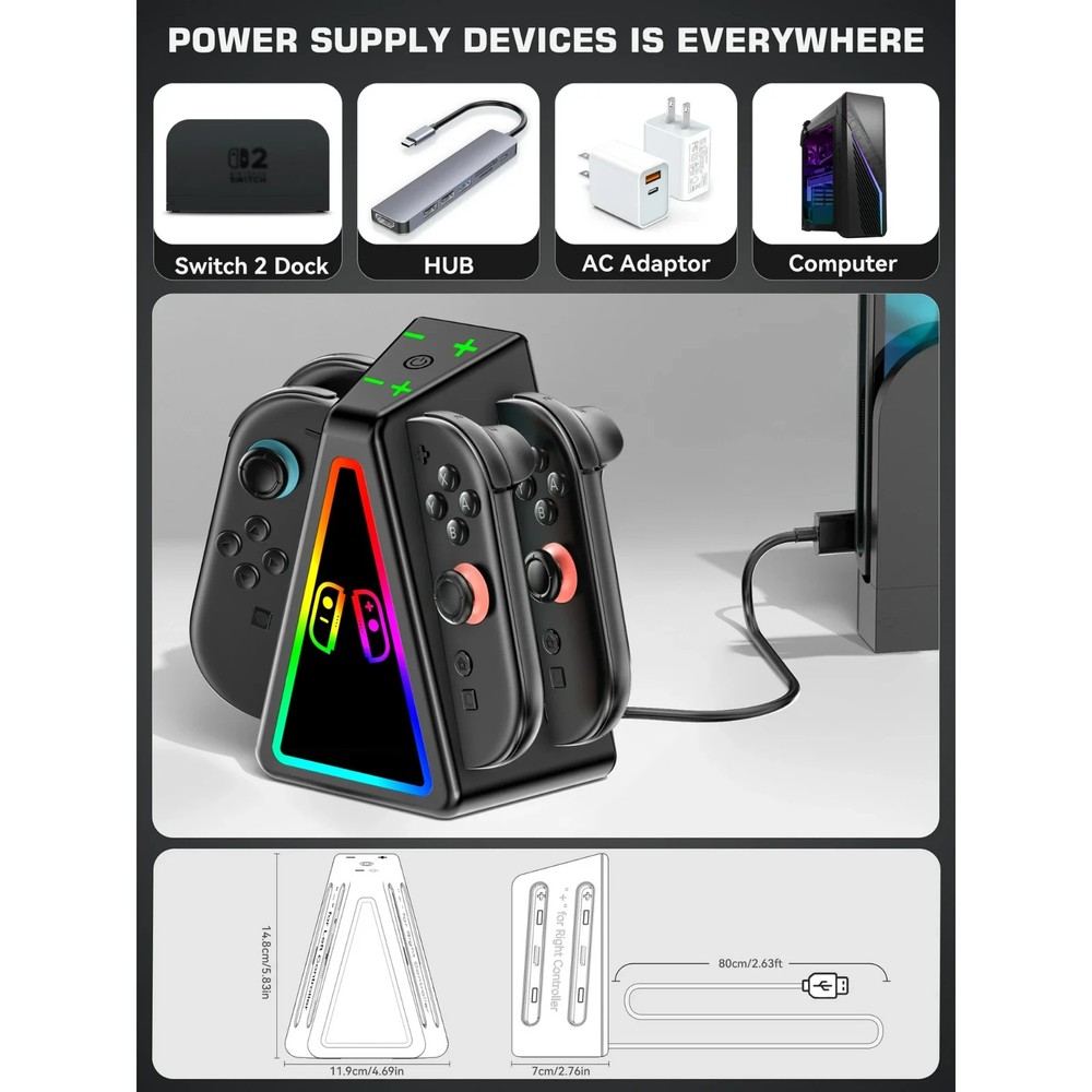 4 Joy-Con Controller RGB Magnetic Fast Charging Dock for Nintendo Switch 2