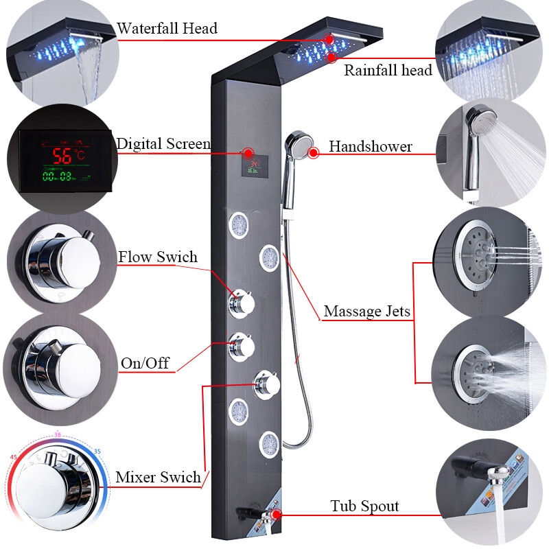 Shower Panel Tower System LED Rain&Waterfall Massage Jet Sprayer Stainless Steel