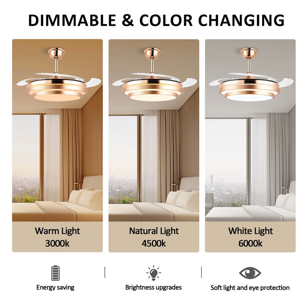 42" Modern 3 Color Light Ceiling Fan w/ Light Remote Control Retractable Blades