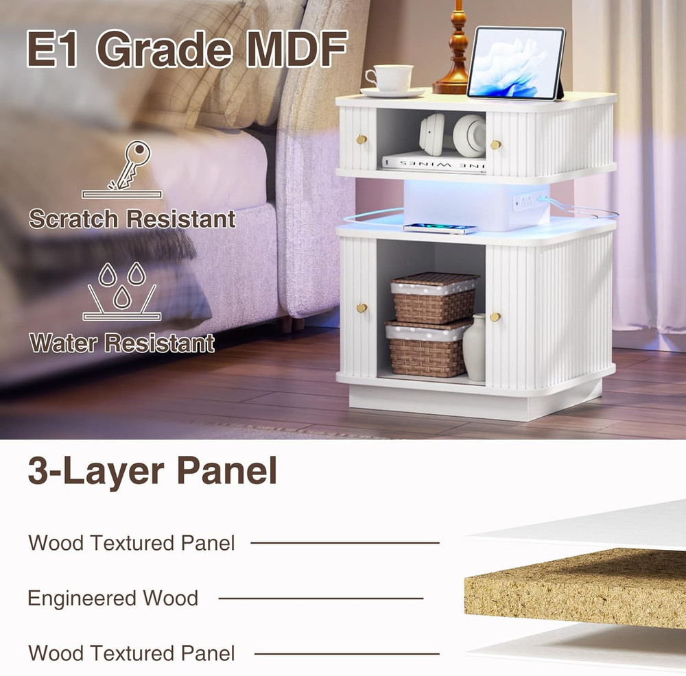 LED End Table with Charging Station, Mid-Century Design, 2 Doors, White
