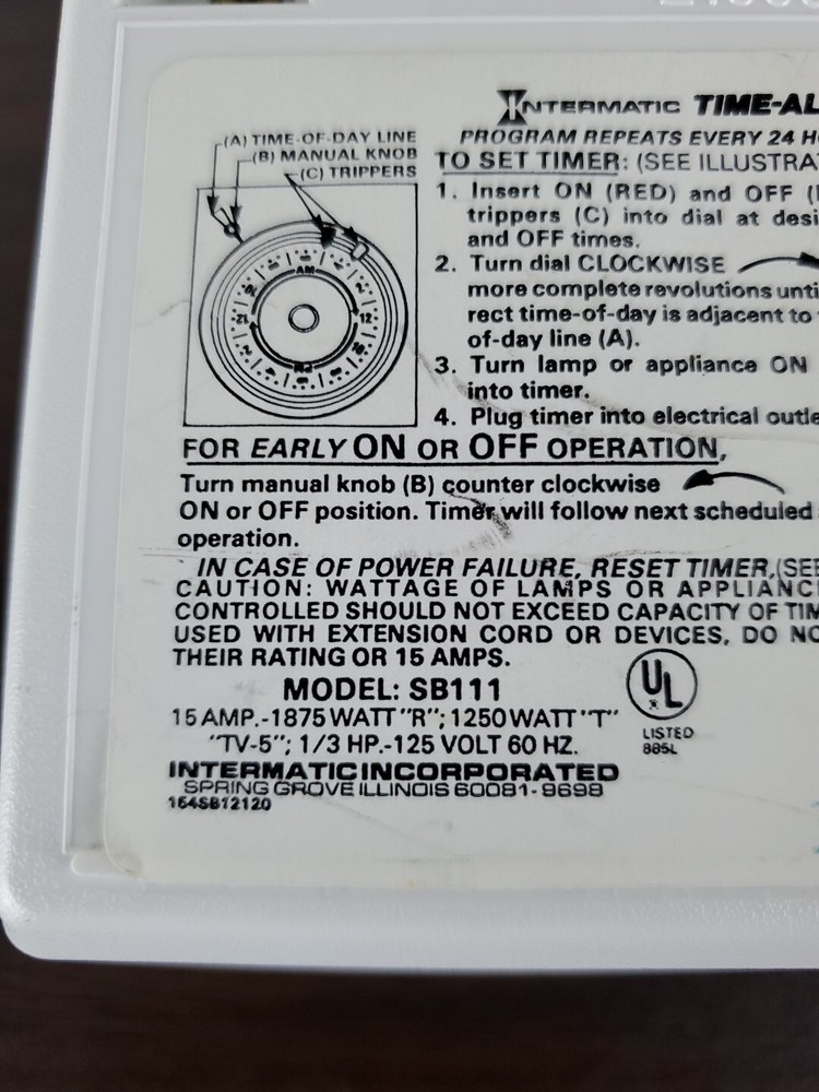 Intermatic 24 Hour Lamp & Appliance Timer 1 On/Off Setting SB111