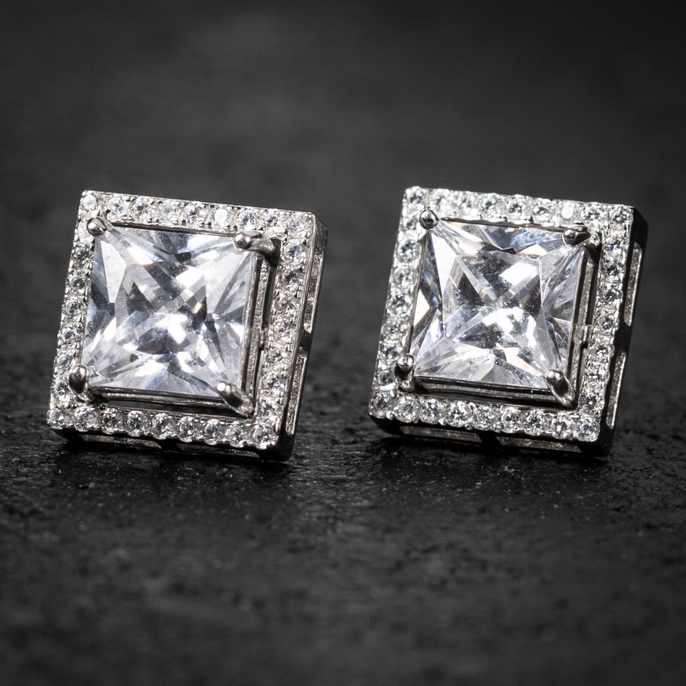 Mens Iced Interchangeable Sterling Silver Square Hip Hop Stud  Earrings