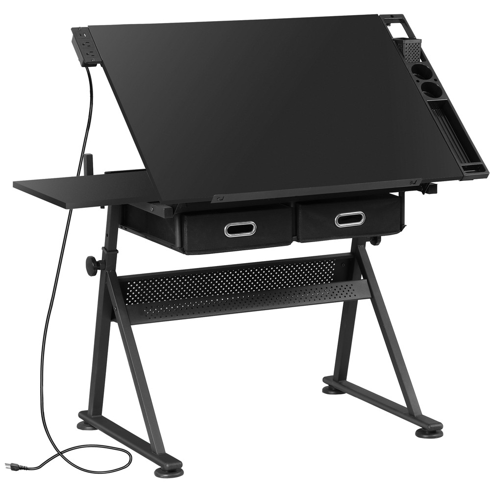 Adjustable Height Drafting Table for Artists Drawing Table with 2 Drawers Black
