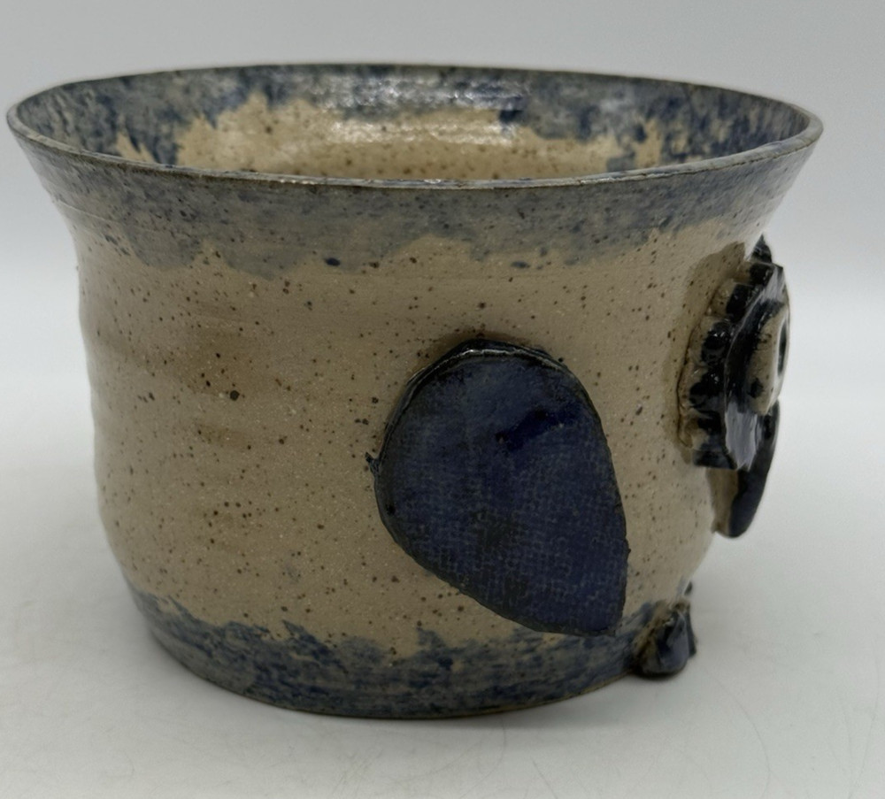 Pottery Handmade Owl Planter Pot Beige Blue Signed READ CHIP