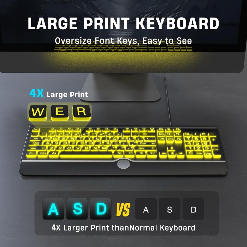 Large Print Backlit Computer Keyboard, USB Full Size Wired large print, black