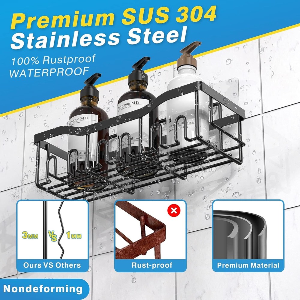 Adhesive Shower Caddy 2 Pack Rustproof Bathroom Shelf Organizer No Drill Black