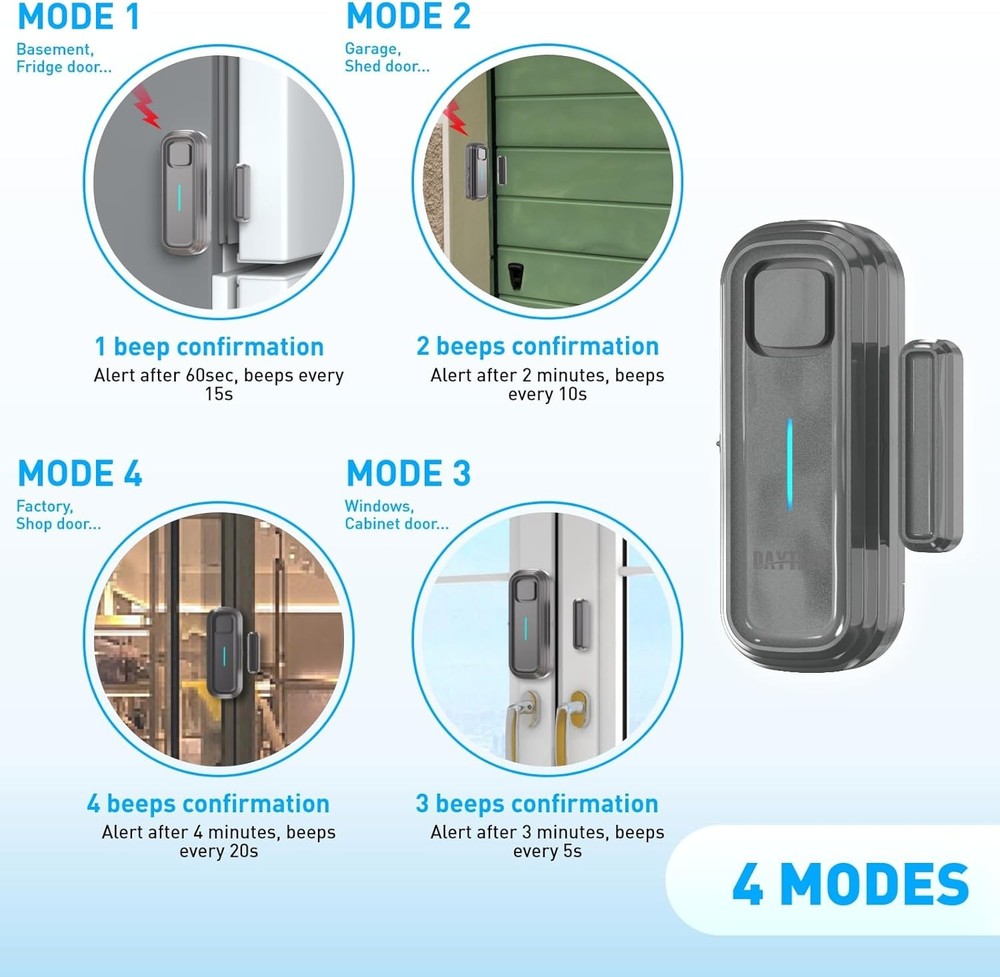 Daytech Refrigerator & Freezer Door Alarm - Adjustable 1-4 2 Pack, Grey