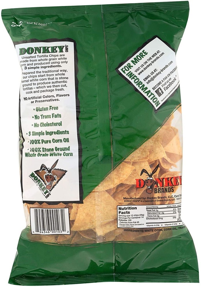 Donkey Authentic Unsalted Tortilla Chips - 11 oz