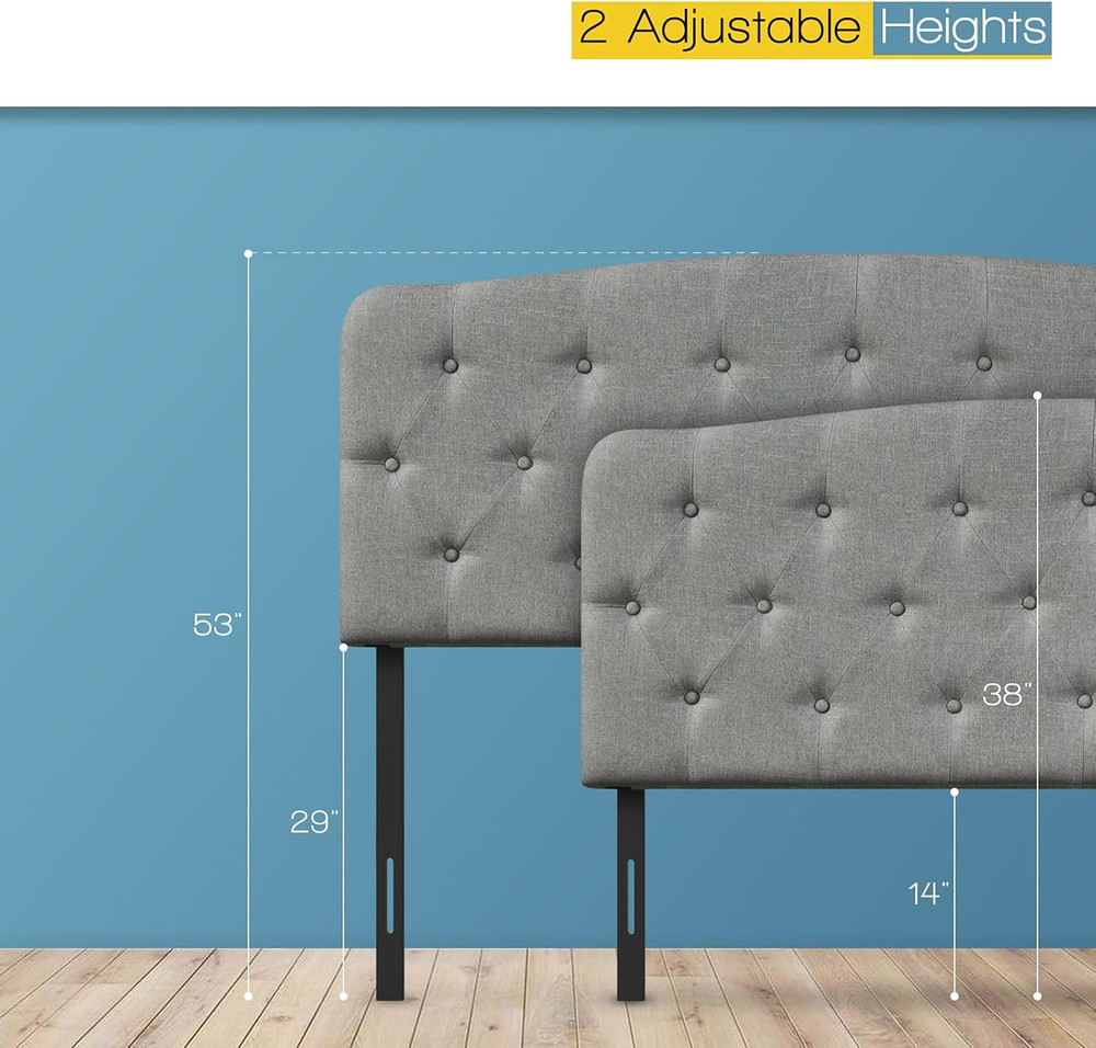 Modern Light Grey Upholstered Button Tufted Headboard, Adjustable Height, Full S