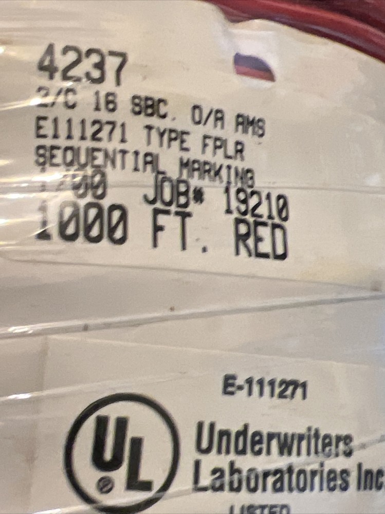 Alarm Cable 1000 Feet shielded 2 Conductor Solid Copper 16 AWG Type FLPR￼ 4237
