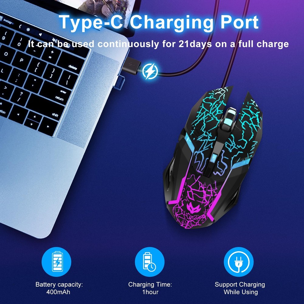 Wireless Gaming Mouse, Rechargeable Wireless Computer Mouse with TypeC Fast C...