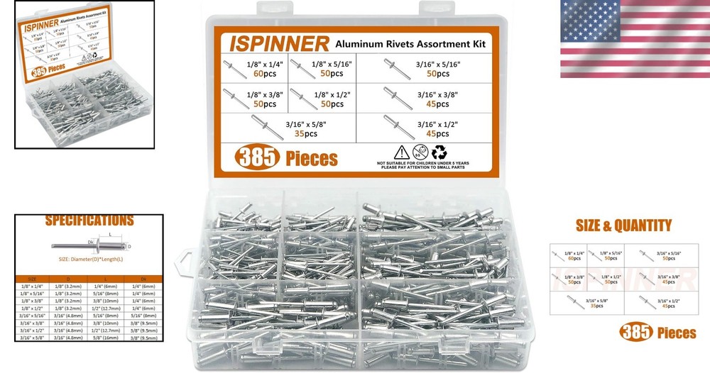 Assorted Aluminum Blind Rivets in 8 Sizes - Strong, Rust-Resistant Fasteners