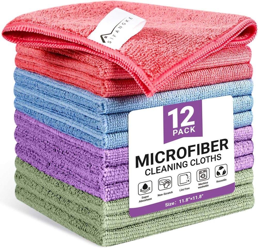 Microfiber Cleaning Cloth, 12 Pack Assorted Color Cleaning Rags for Housekeep...