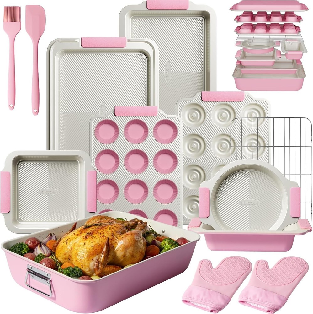 25 PCS Stackable Baking Pans Set Non-stick Bakeware Sets W/ Silicone Handles