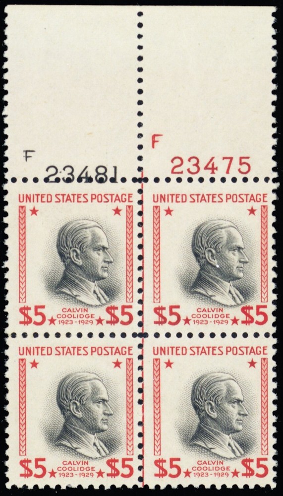834, MNH $5 Plate Block With Vignette Color Shift Error - Stuart Katz