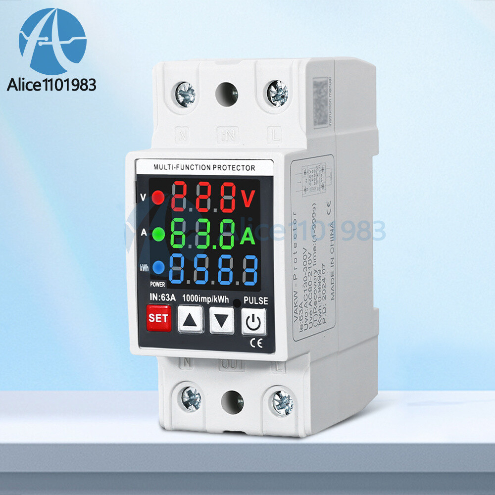 Voltage Current Power Meter 35mm Rail Overcurrent Undervoltage Protector 63A