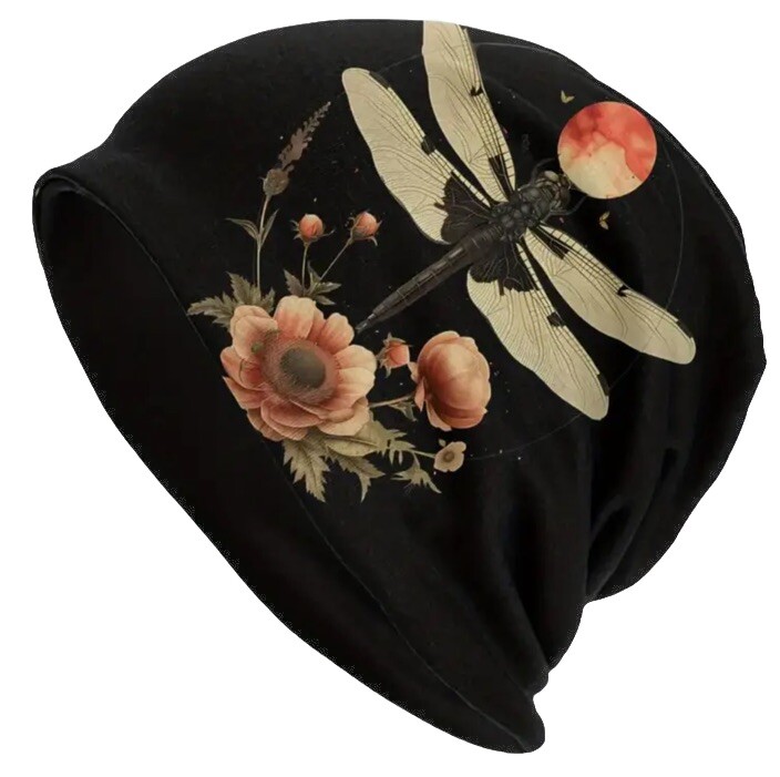 Moon & Dragonfly Beanie Hat Cap Skully Reversible Stretch
