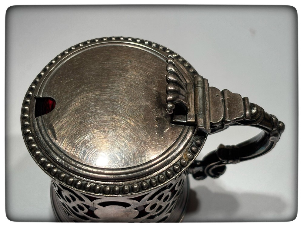 Antique Victorian Reticulated Condiment Jar with Ruby Glass Insert VG Condition.