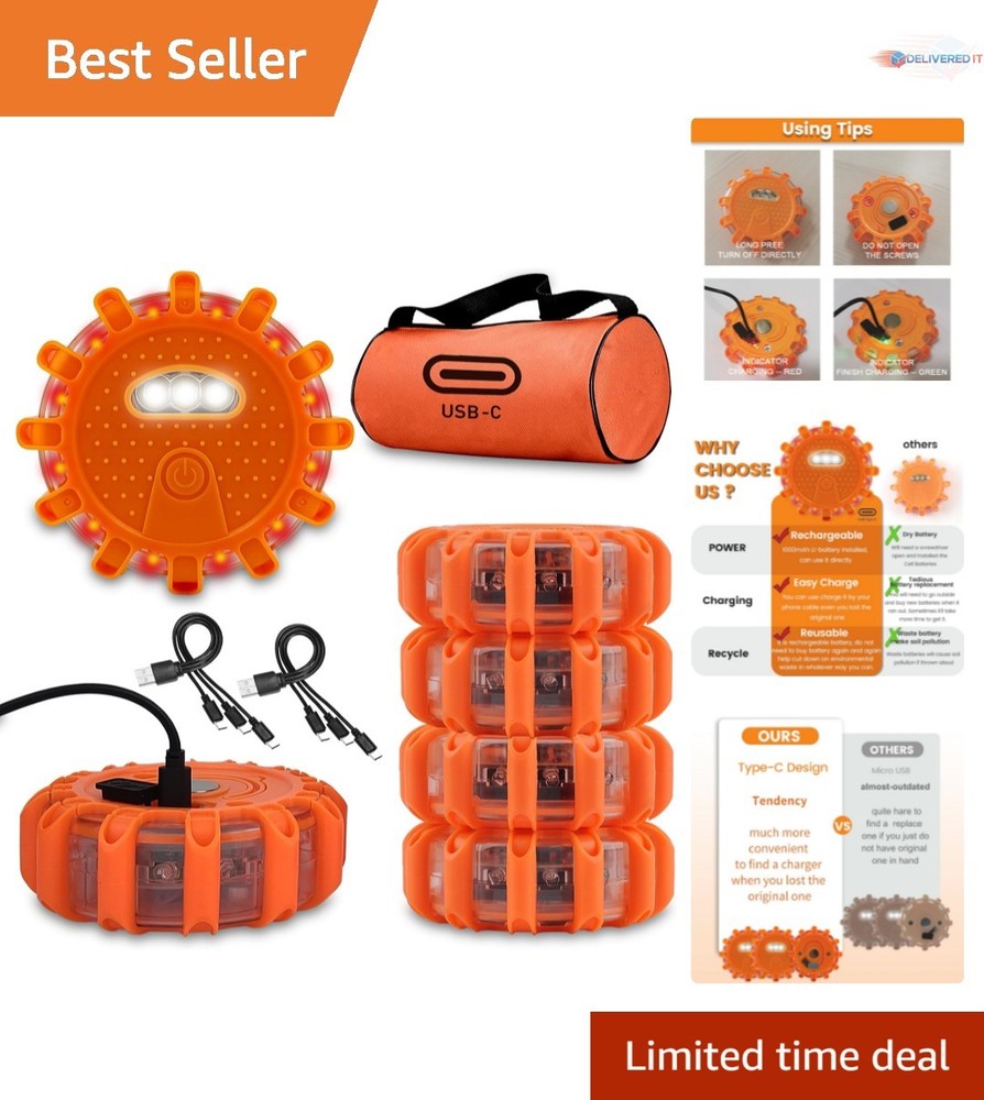 Rechargeable LED Road Flares 3-in-1 Emergency Lights Waterproof Magnet Car Sa...